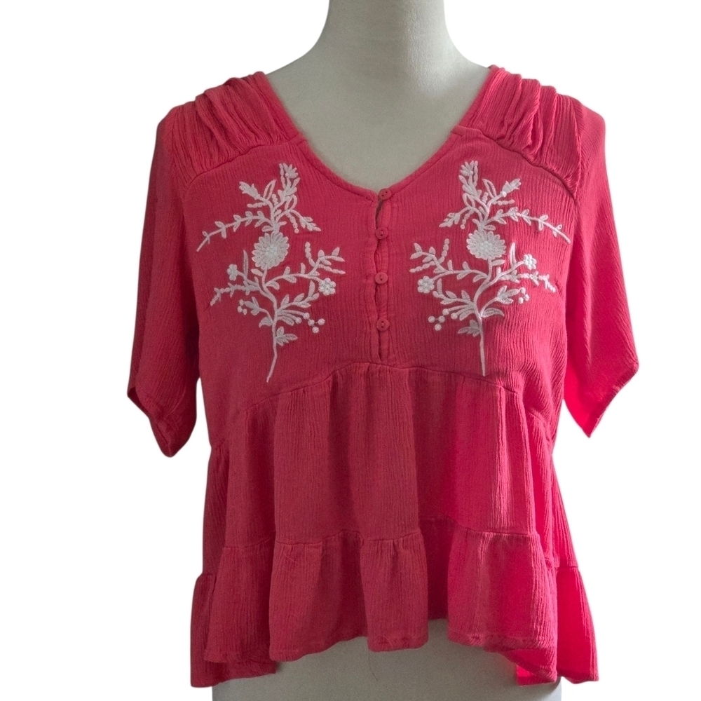 Forgotten Grace Women's XL Pink Embroidered Ruffled Crop Top Tie Back Ruching